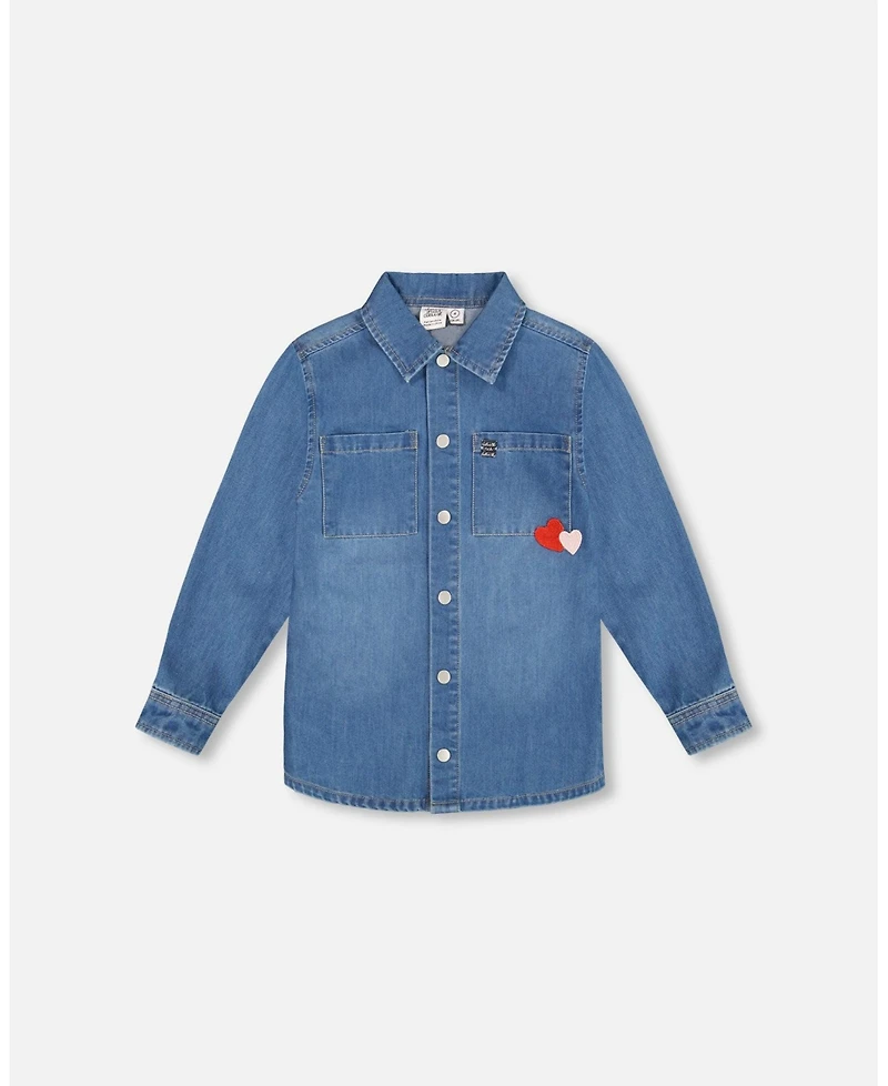 Deux par Toddler Girls Denim Shirt Light Blue with Patch Pockets and Apple - Toddler|Child
