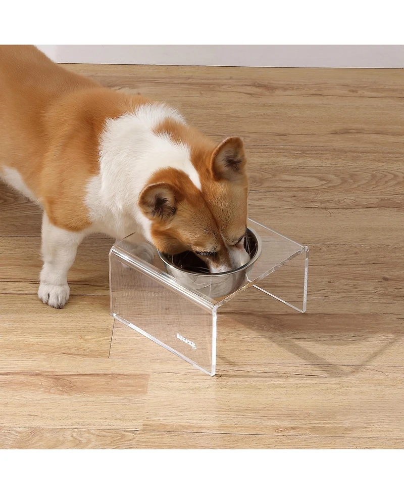 The Licker Store Keaton Modern Acrylic Rectangular Elevated Pet Feeder with 2-Stainless Steel Bowls