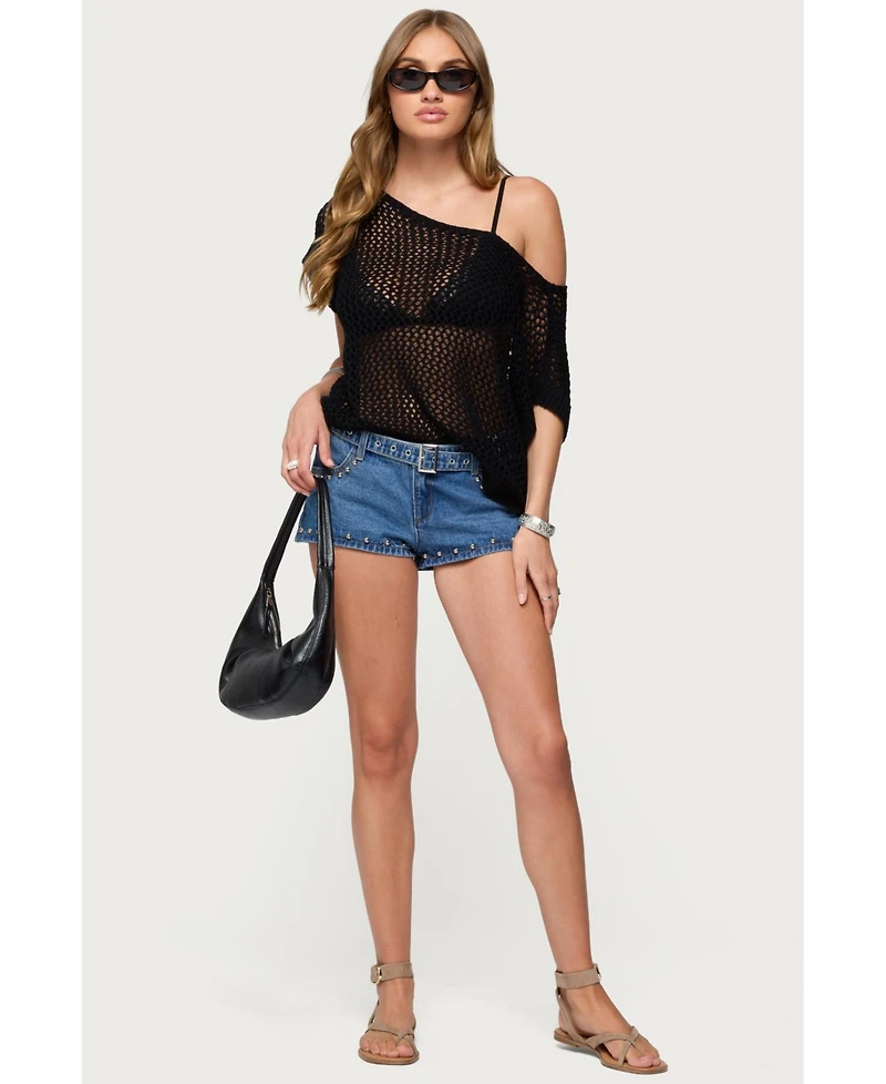 Edikted Womens Trix Off Shoulder Open Knit Top