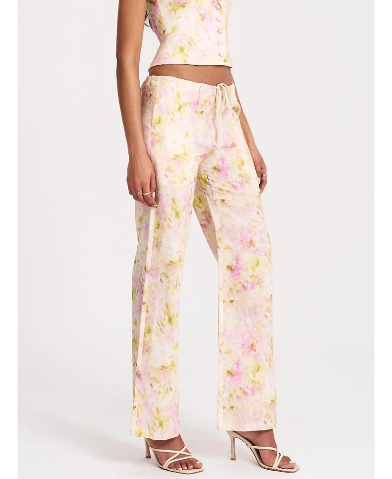 Miss Circle Women's Laureen Pink Floral Print Linen Straight Pants