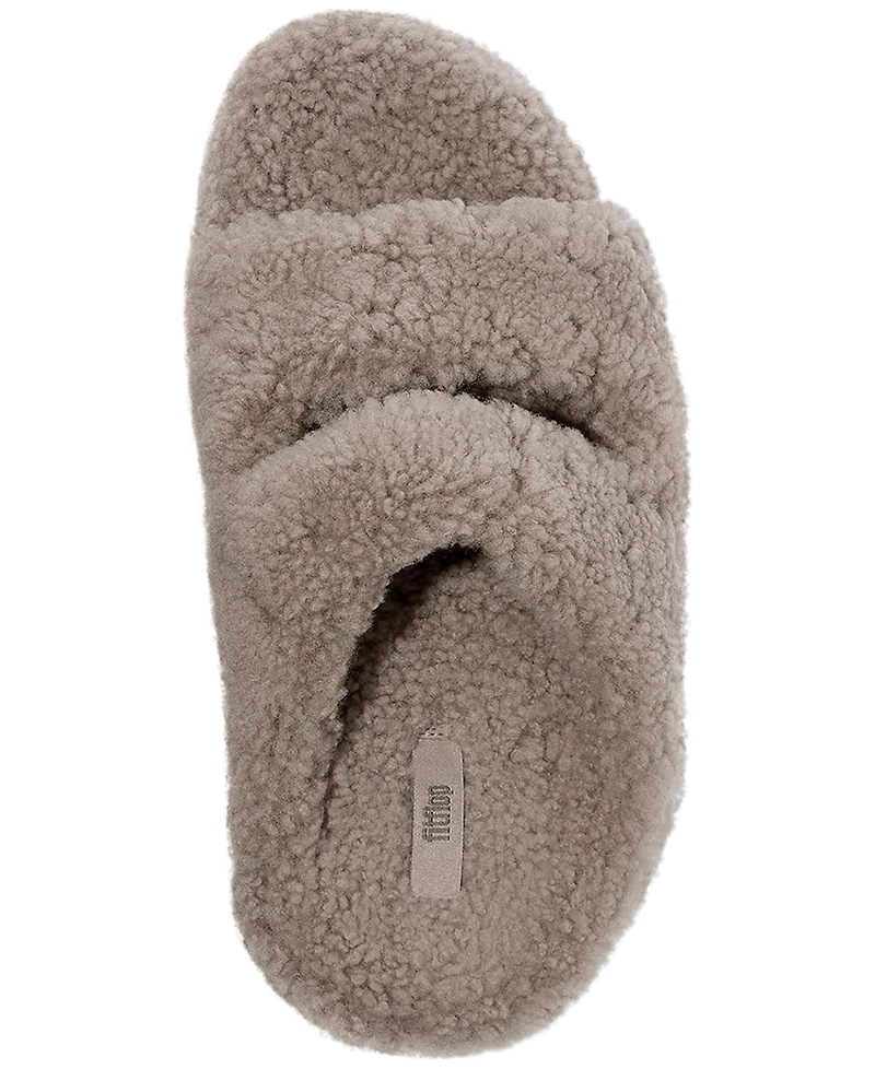 FitFlop Women's Shuv Curly Faux-Shearling Two-Bar Wedge Slide Sandals