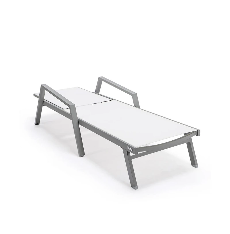 LeisureMod Marlin Patio Chaise Lounge Chair With Armrests in Grey Aluminum Frame