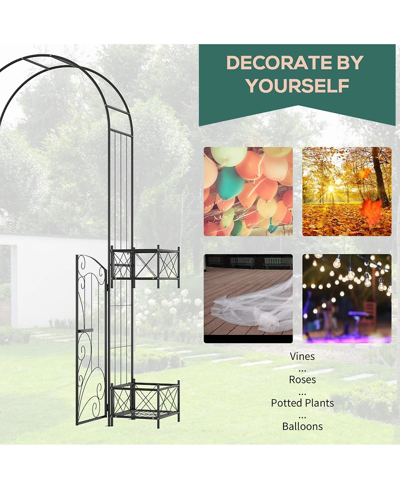 Outsunny Garden Gate Arbor Wedding Arch with Heart Doors Planters,