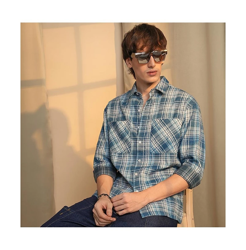 Campus Sutra Men's Steel Blue Tartan Plaid Shirt