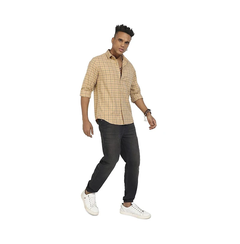 Campus Sutra Men's Beige Contrast Tartan Plaid Shirt