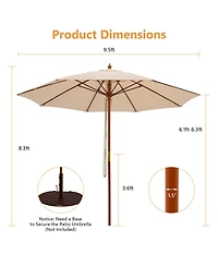 Gymax 9.5 Ft Rope Pulley Wooden Umbrella Market w/ Fiberglass Ribs Patio
