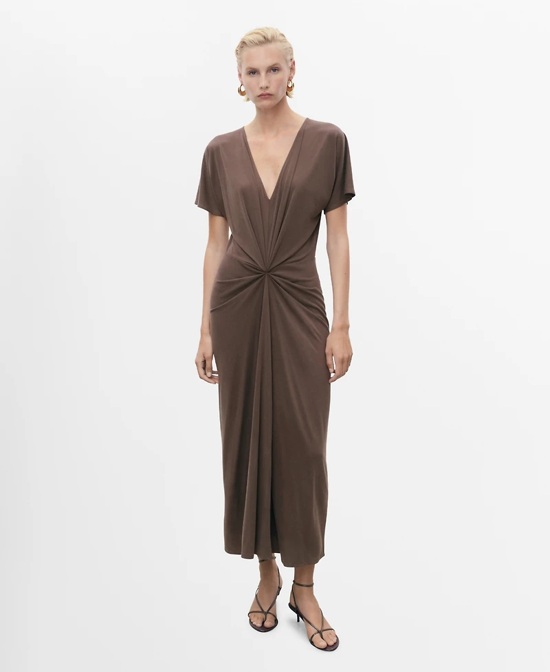 Mango Women's Gathered Neckline V-Neck Dress
