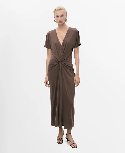 Mango Women's Gathered Neckline V-Neck Dress