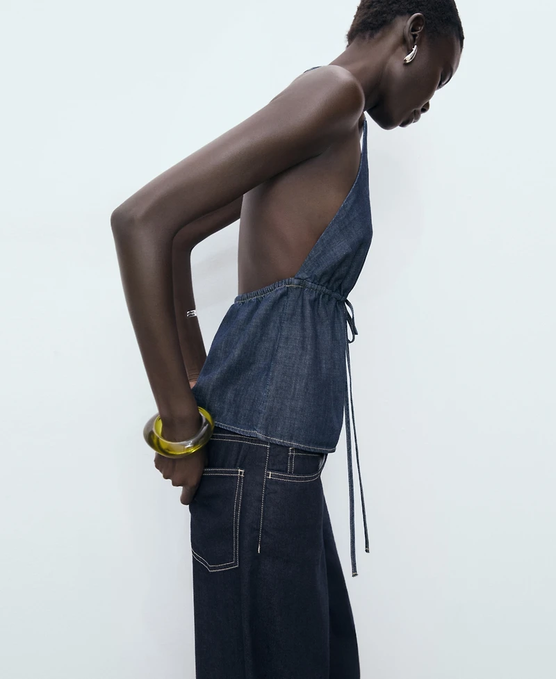 Mango Women's V-Neck Tie Denim Top