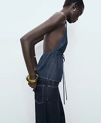 Mango Women's V-Neck Tie Denim Top