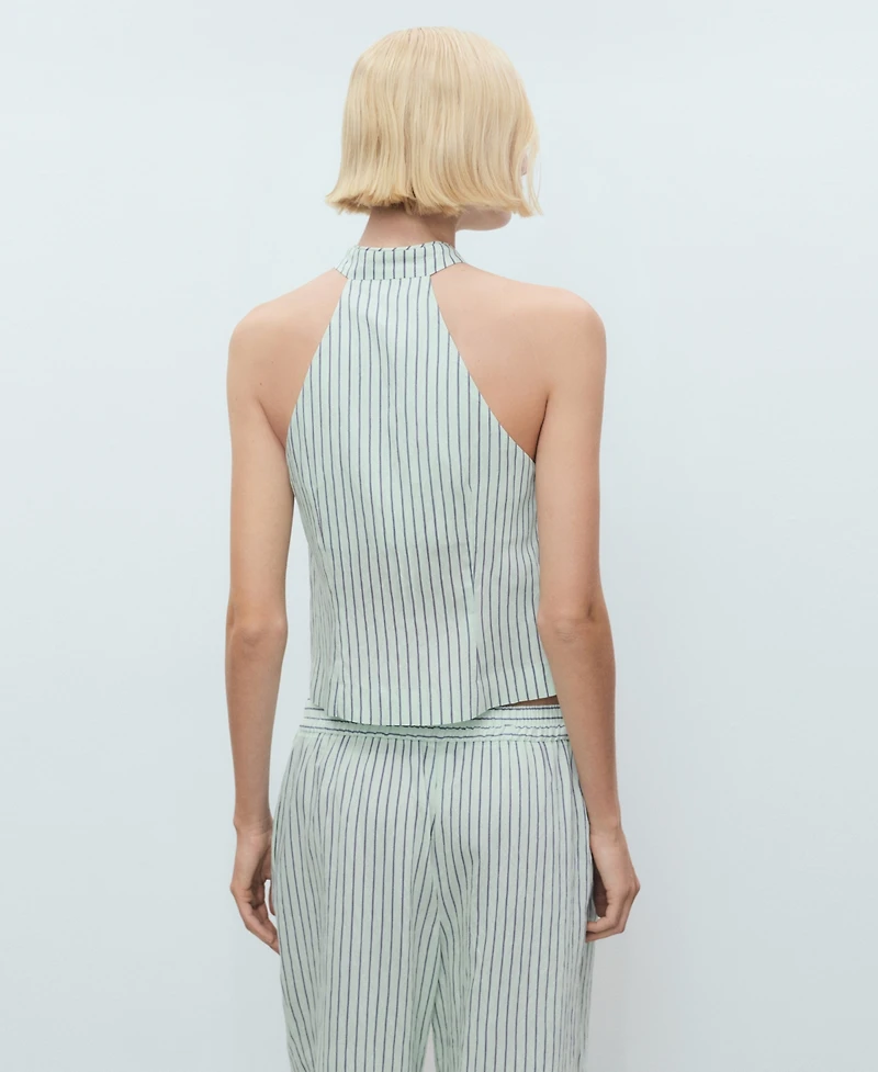 Mango Women's Strap Neckline and Laces Striped Top
