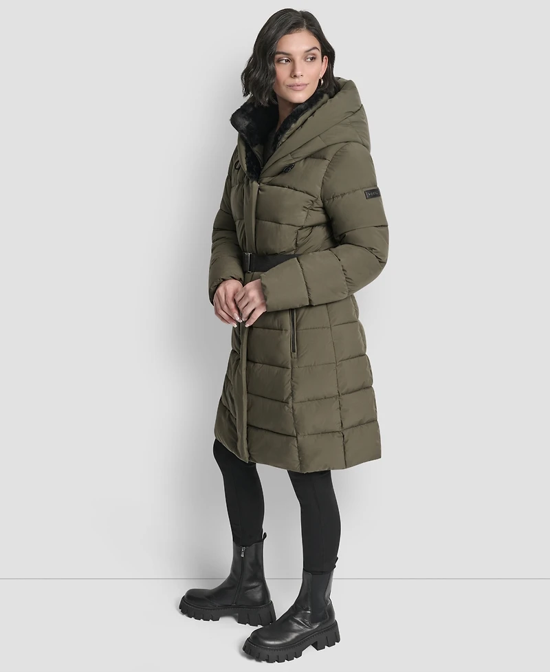 Dkny Women's Belted Asymmetrical Zip Front Puffer Coat
