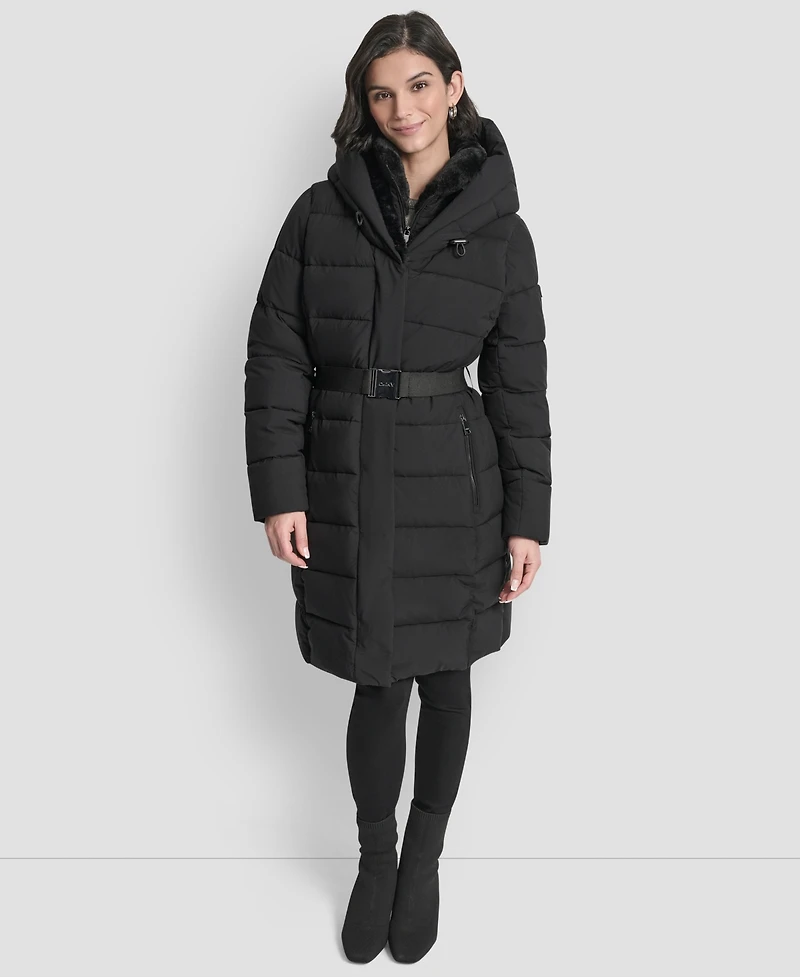 Dkny Women's Belted Asymmetrical Zip Front Puffer Coat