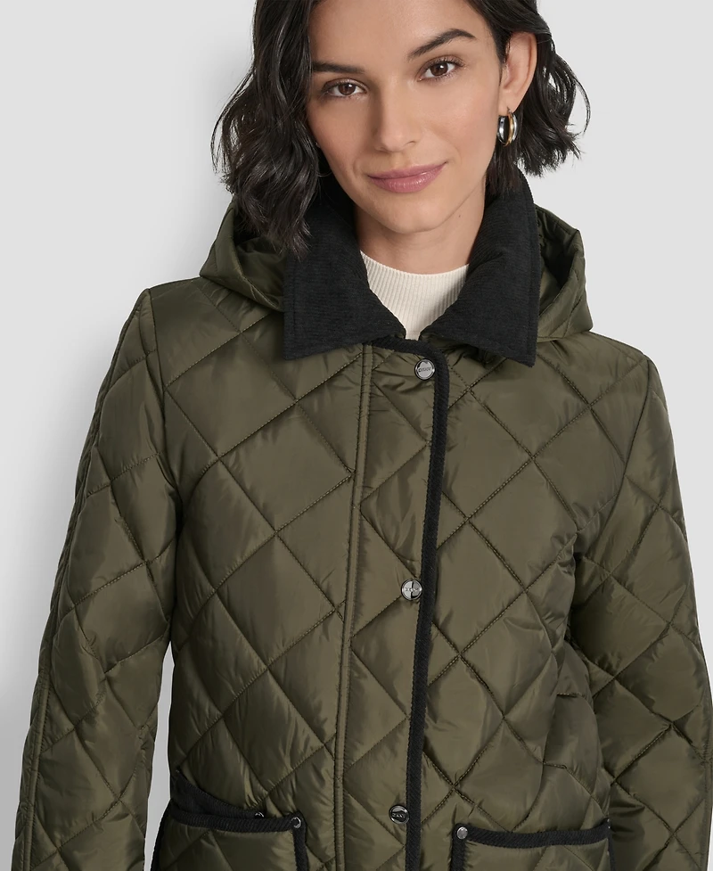 Dkny Women's Corduroy Collar Hooded Quilted Coat