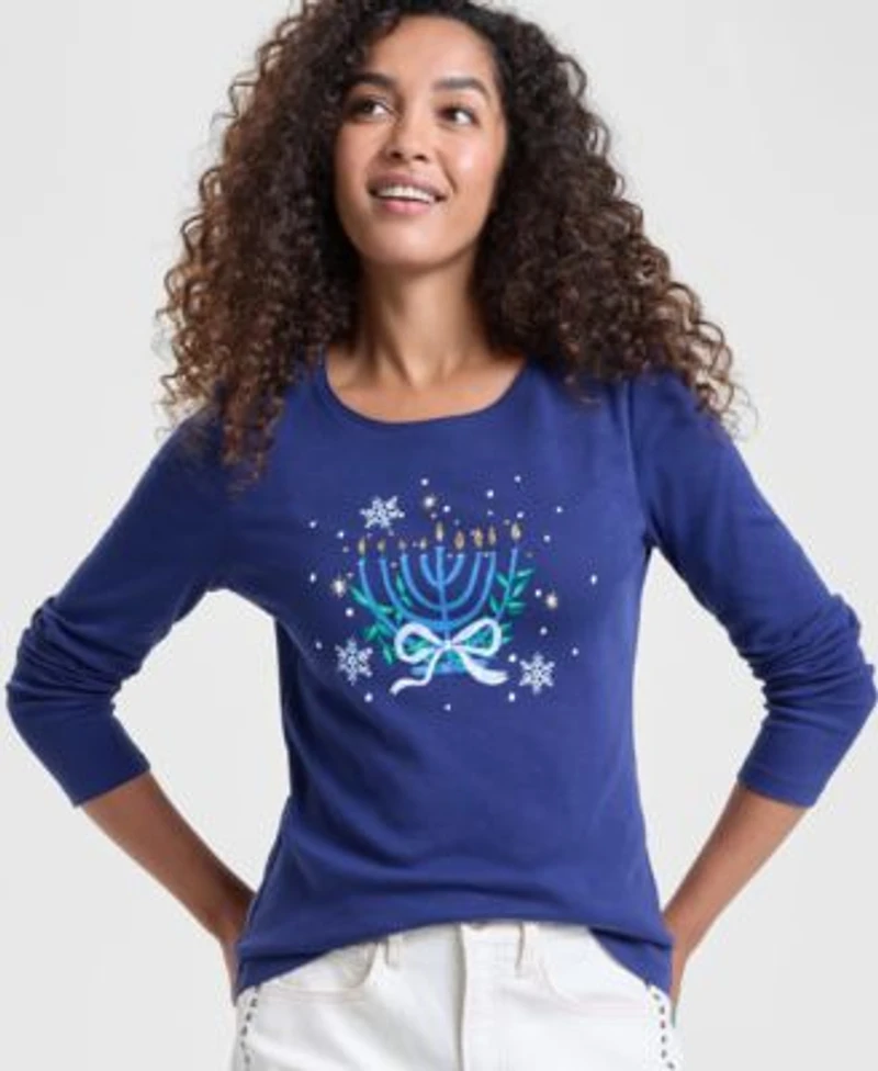 Holiday Lane Womens Menorah Long Sleeve Top Pxs 4x Macys Exclusive