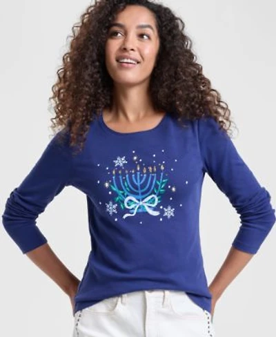 Holiday Lane Womens Menorah Long Sleeve Top Pxs 4x Macys Exclusive