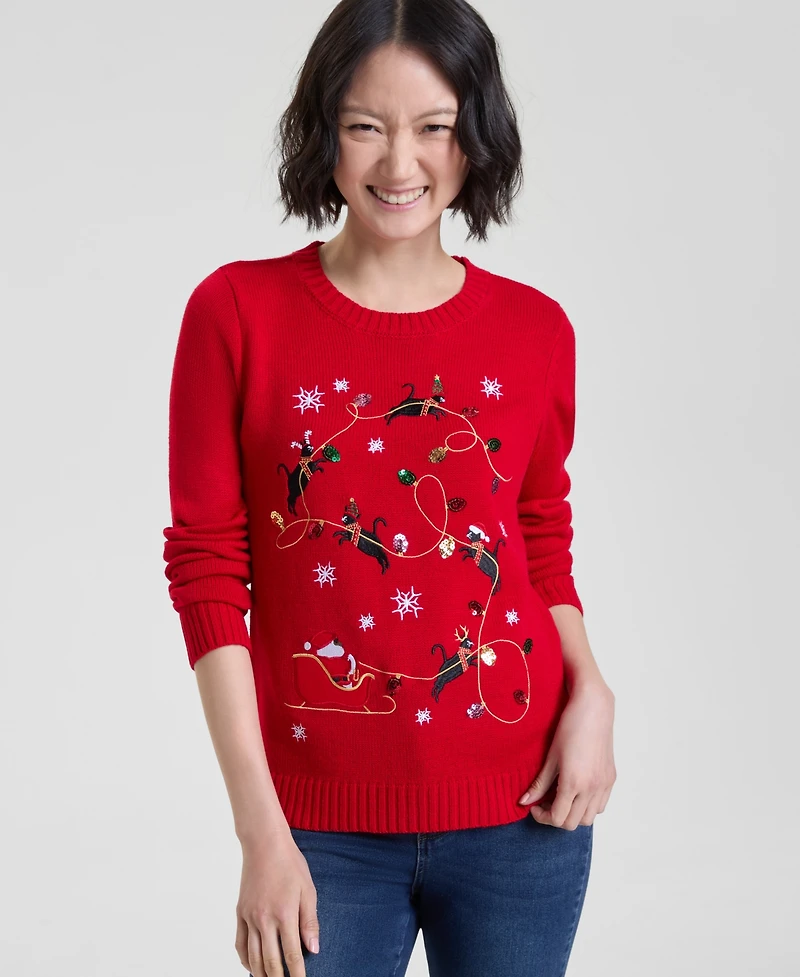 Holiday Lane Women's Kitten Sleigh Crewneck Sweater, Created for Macy's