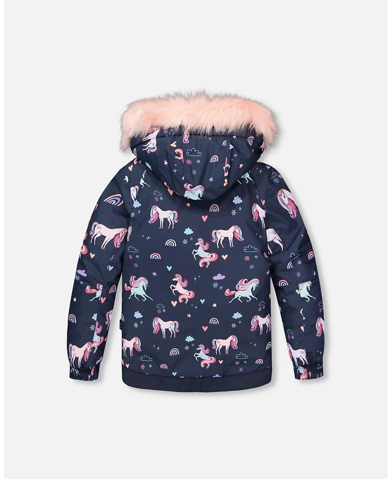 Deux par Big Girls Two-Piece Play Snowsuit Navy Unicorn Print