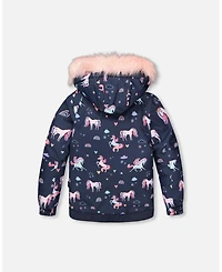 Deux par Big Girls Two-Piece Play Snowsuit Navy Unicorn Print