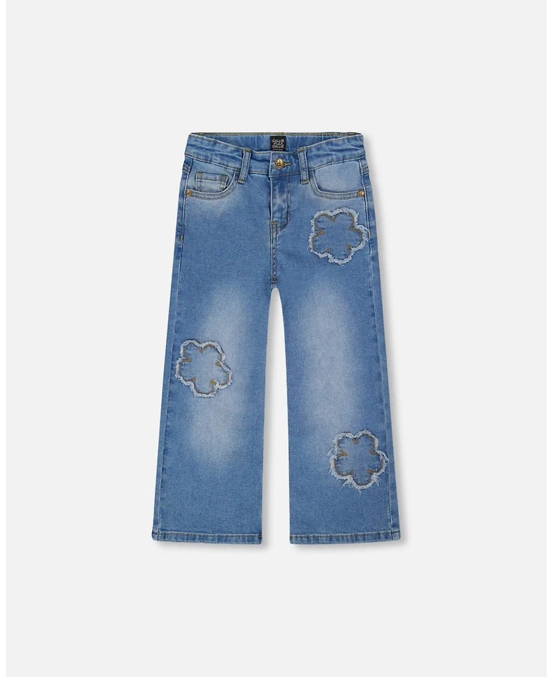 Deux par Girl Wide Leg Stretch Light Blue Denim Jeans with Flower Stitching - Child