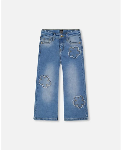 Deux par Girl Wide Leg Stretch Light Blue Denim Jeans with Flower Stitching - Child