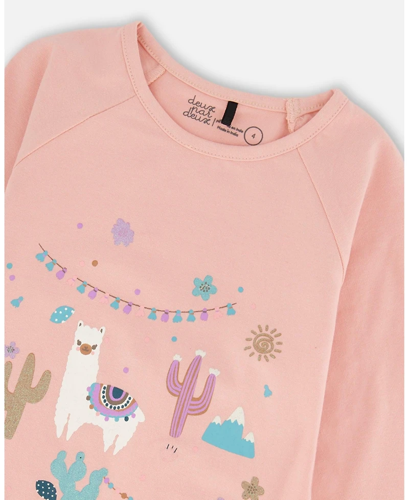 Deux par Girl Cotton T-Shirt Dusty Pink with Llama - Toddler|Child