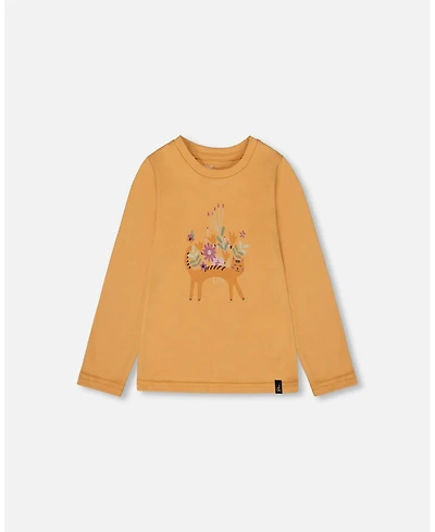 Deux par Big Girls Cotton T-Shirt Golden Yellow with Cat