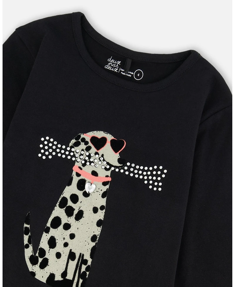 Deux par Girl Cotton T-Shirt Black with Dalmatian - Child