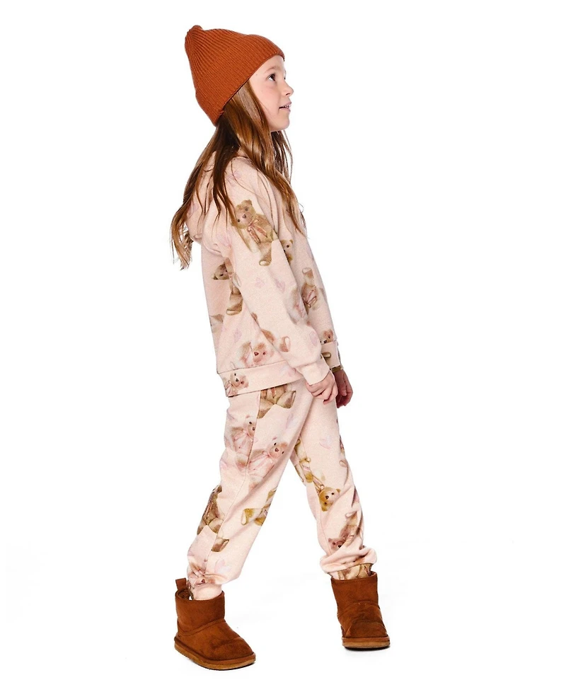Deux par Big Girls Glittering French Terry Hoodie Beige Teddy Bear Print