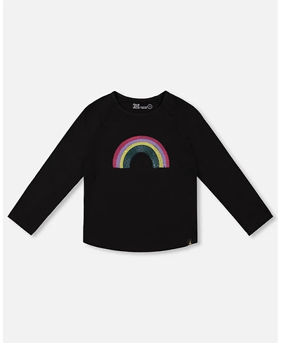 Deux par Girl Cotton Long Sleeve T-Shirt Black with Sequin Rainbow - Child