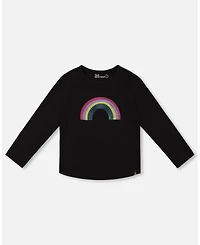 Deux par Girl Cotton Long Sleeve T-Shirt Black with Sequin Rainbow - Child