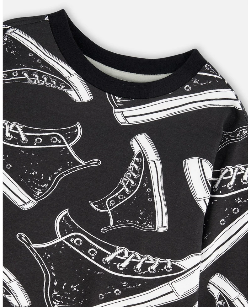 Deux par Boy Long Sleeve Cotton Allover Print Tee Black - Child