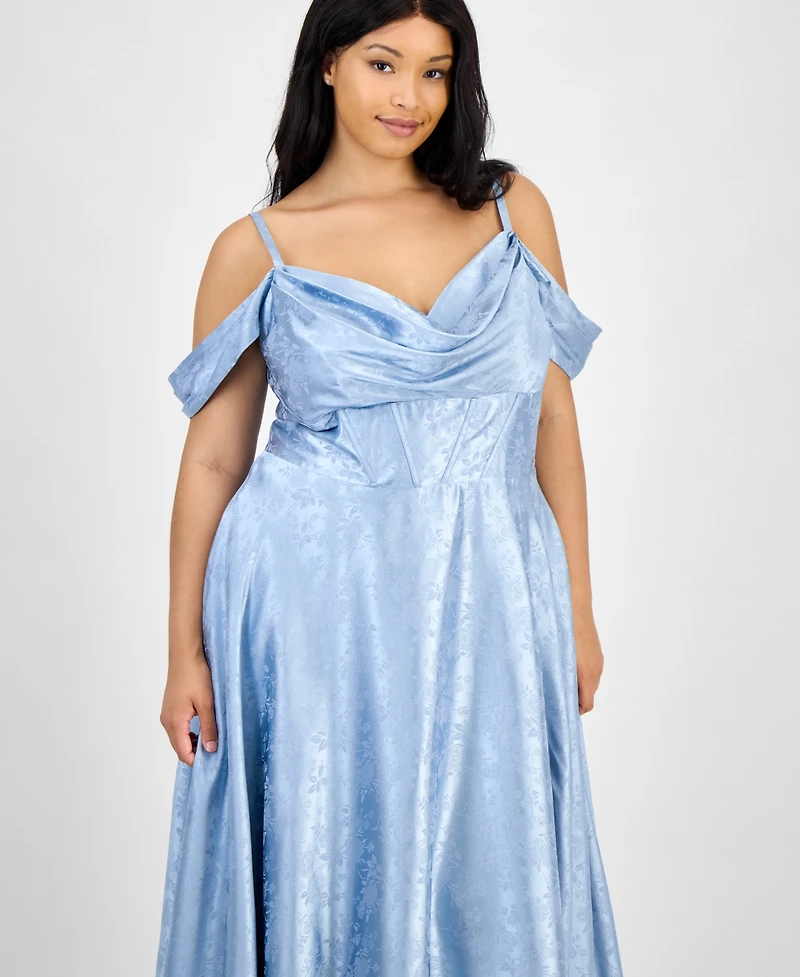 B Darlin Trendy Plus Off-The-Shoulder Satin Jacquard Gown