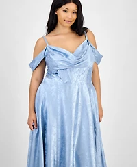 B Darlin Trendy Plus Off-The-Shoulder Satin Jacquard Gown