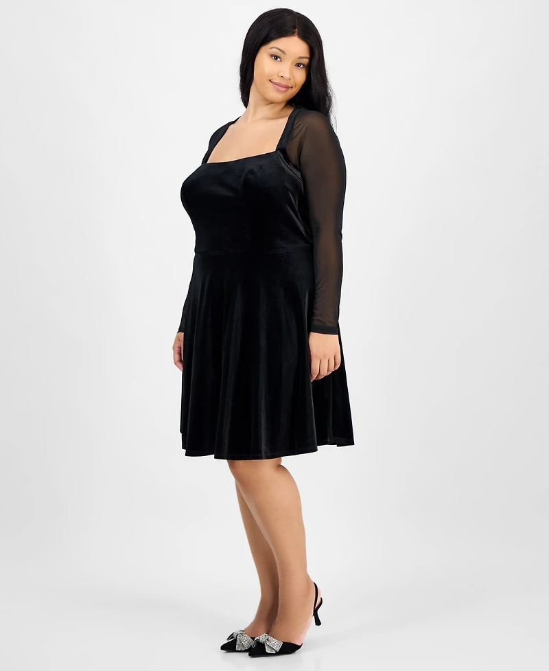 City Studios Trendy Plus Mesh-Sleeve Velvet Fit & Flare Dress