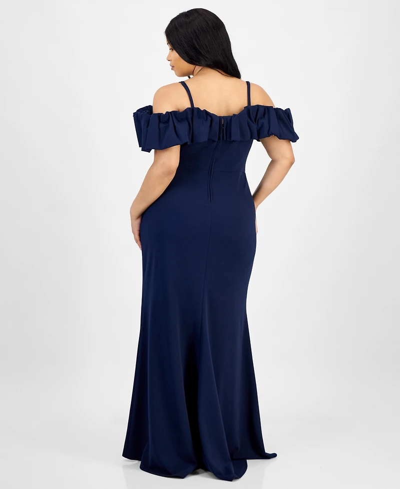 City Studios Trendy Plus Bubble-Trim Cold-Shoulder Scuba Gown