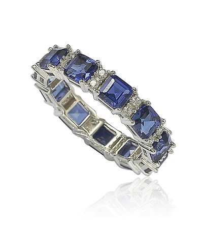 Suzy Levian New York Sterling Silver Sapphire & Created White Assacher Cut Eternity Band Ring