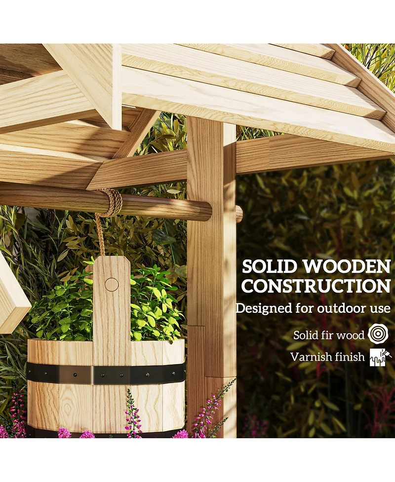 Outsunny Wishing Well Planter with Bucket, Wooden Wishing Well, Natural