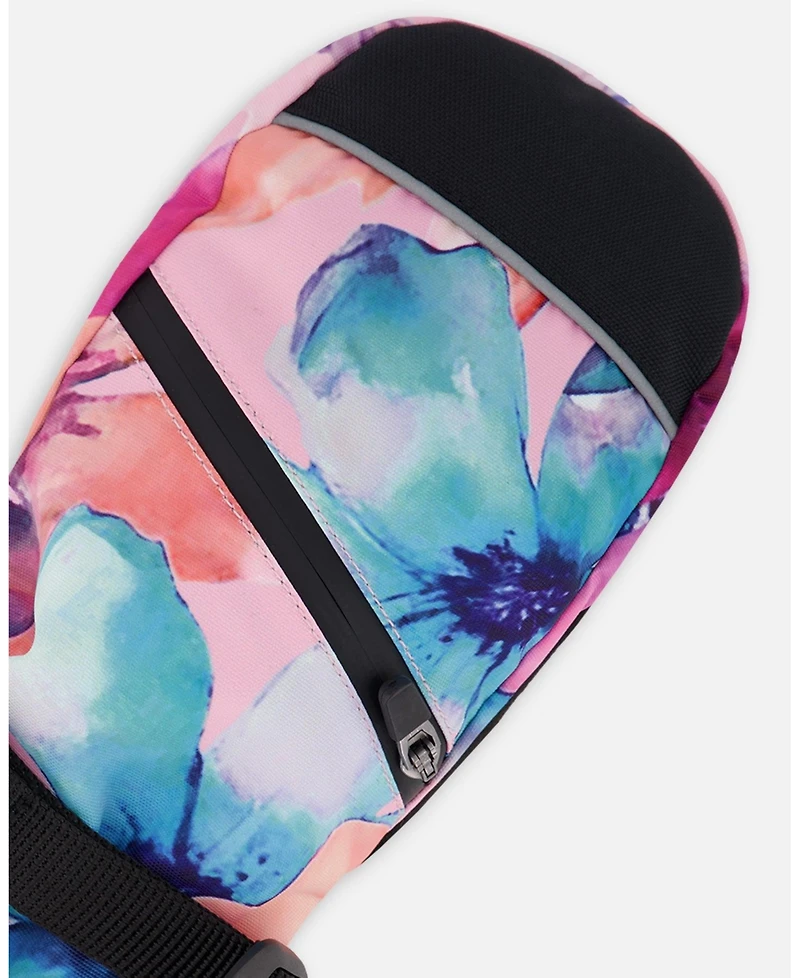 Deux par Girl Winter Mittens Teknik Pink Watercolor Flower Print