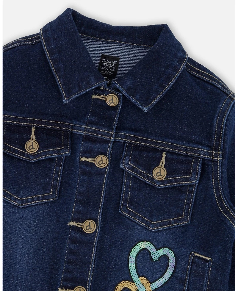 Deux par Girl Stretch Denim Jacket Dark Blue with Glittery Hearts and Unicorn