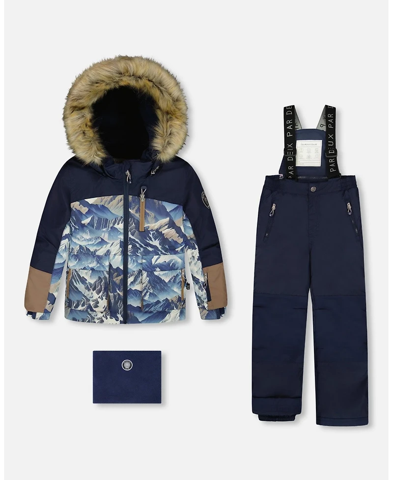 Deux par Boy Two-Piece Play Snowsuit with Printed Colorblocked Jacket Navy Blue