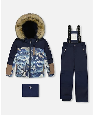 Deux par Boy Two-Piece Play Snowsuit with Printed Colorblocked Jacket Navy Blue