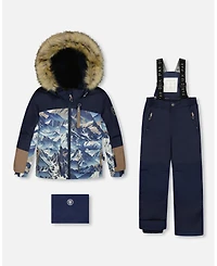 Deux par Boy Two-Piece Play Snowsuit with Printed Colorblocked Jacket Navy Blue