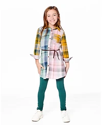 Deux par Big Girls Shirt Dress with Belt Green Pink and Yellow