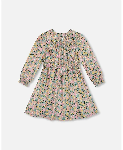 Deux par Girl Smocked Viscose Dress Green with Floral Print