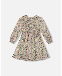 Deux par Girl Smocked Viscose Dress Green with Floral Print