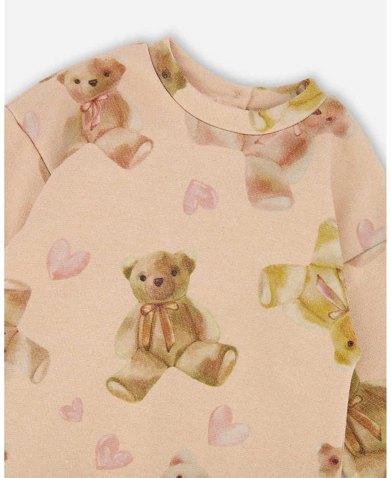 Deux par Toddler Girls Glittering French Terry Dress Beige Teddy Bear Print - Toddler|Child