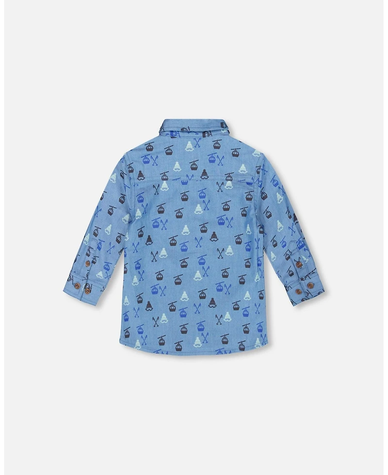 Deux par Baby Boy Printed Long Sleeve Button Front Chambray Shirt Blue
