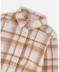 Deux par Big Girls Plaid Overshirt Off-White, Beige and Pink