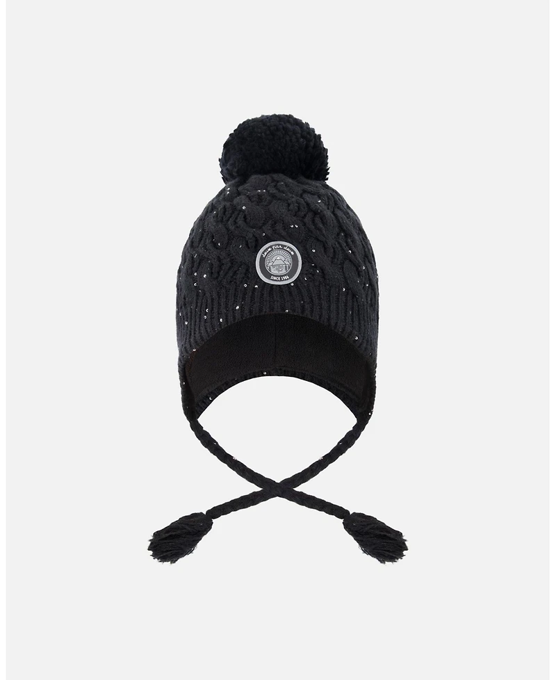 Deux par Girl Winter Peruvian Knit Hat with Pompom and Lining Black - Toddler|Child